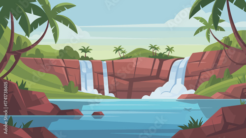 Lush tropical jungle landscape with a multi-tiered waterfall cascading into a serene blue lagoon surrounded by palm trees and rocky cliffs