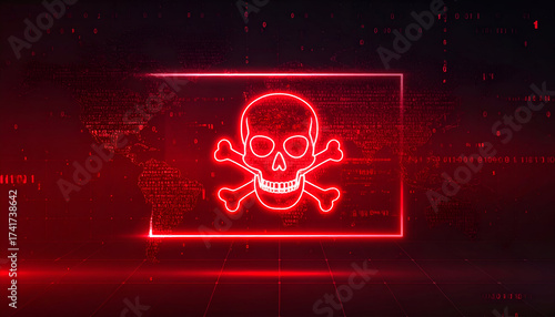 Glowing red screen with skull and binary overlay represents malware infection, virus attack, and digital corruption.