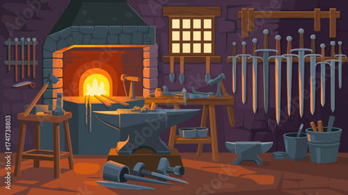 Medieval Blacksmith Forge with Glowing Fire Anvil Swords and Tools vector illustration