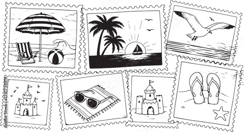 Black and White Summer Beach Vacation Illustrations in Postage Stamp Frames