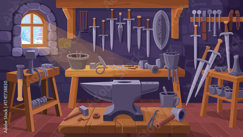 Medieval blacksmith workshop interior with various tools swords and an anvil in winter light Keywords: blacksmith, workshop, anvil, hammer, tools, swords, shield, medieval, craft, artisan