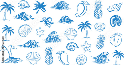 Blue Outline Tropical Summer Beach and Ocean Icons Collection