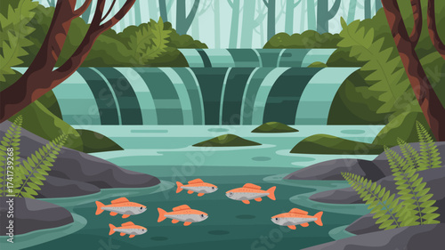 Misty Forest Waterfall with Orange Fish in a River stream