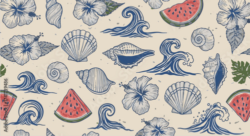 Seamless Tropical Summer Pattern with Hand-Drawn Hibiscus Flowers, Seashells, Waves, and Watermelon