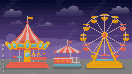 Nighttime Carnival Scene with Carousel and Ferris Wheel Under a Cloudy Sky amusement park