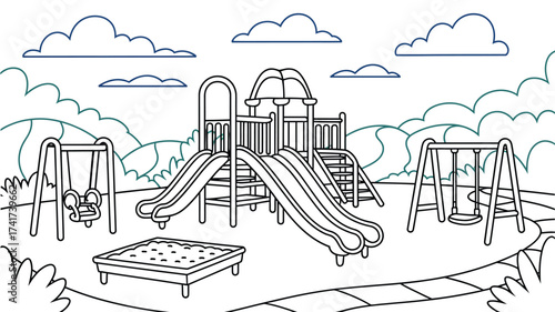 Outline drawing of a playground with slides swings and sandbox and stylized clouds line art black and white