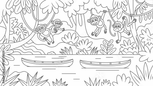 Outline of a jungle scene with four monkeys and two canoes river trees