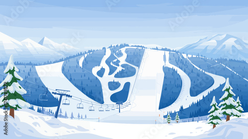 Panoramic View of a Ski Resort with Slopes, Lifts, and Snow- Covered Mountains skiing snowboarding