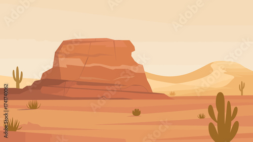 Pixel Art Desert Landscape with Large Rock and Cacti Keywords: desert, landscape, pixel art, rock formation, sandstone, mesa, arid, dry, sand dunes, sky, hazy sky, horizon, cactus, saguaro cactus