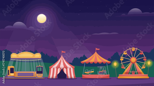 Pixel Art Carnival Scene at Night with Ferris Wheel and Tents amusement park