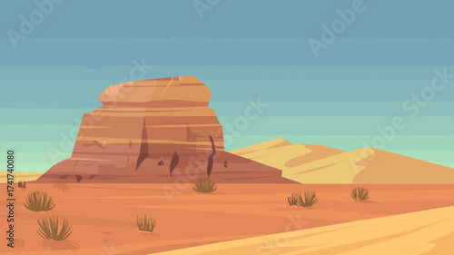 Pixel Art Desert Landscape with Rock Formation and Sparse Vegetation Keywords: desert, landscape, pixel art, rock formation, sandstone, mesa, arid, dry, sand dunes, sky, blue sky, horizon, sparse