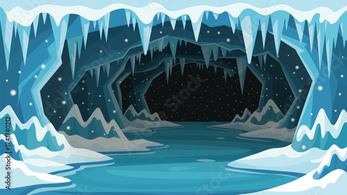 Pixel Art Ice Cave with Icicles and Frozen Pool cavern winter