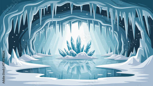 Pixel Art Ice Cave with Central Crystal Cluster and Frozen Pool cavern winter