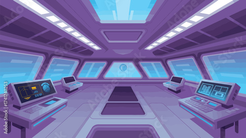Pixel Art of a Futuristic Spaceship Bridge with Consoles and Large Windows Keywords: spaceship, bridge, interior, futuristic, sci-fi, science fiction, pixel art, retro, vintage, technology
