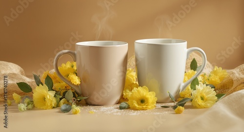 Two Steaming Coffee Mugs with Yellow Flowers on a Neutral Background