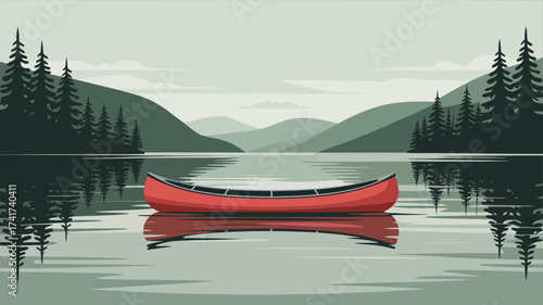 Red Canoe on a Misty Lake with Layered Green Mountains and Silhouetted Trees Keywords: canoe, lake, water, reflection, mountains, mist, fog, forest, trees, pine trees, evergreen, landscape, nature