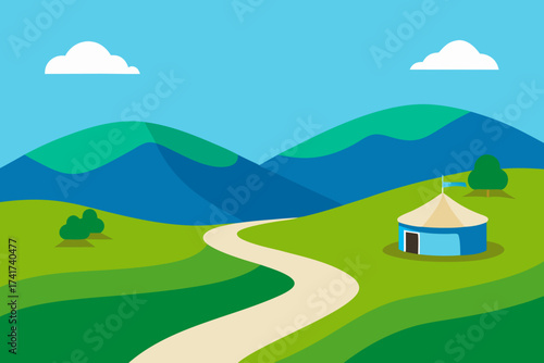 Flat design landscape with rolling hills and a yurt