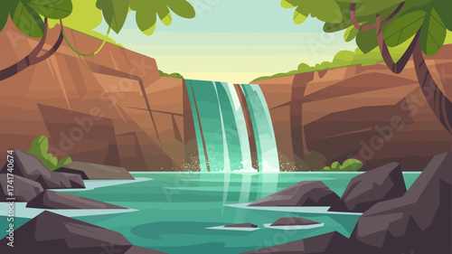 Serene jungle waterfall with turquoise water cascading over reddish-brown cliffs into a calm pool, framed by lush foliage and rocks