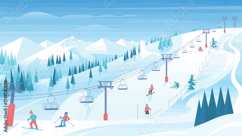 Ski Resort Scene with Skiers and Chairlifts on Snowy Mountains Keywords: ski resort, skiing, winter, snow, mountains, slope, ski lift, chairlift, skiers, snowboarding, recreation, sport, activity