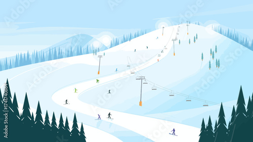 Ski resort with skiers and chairlifts on snowy mountain slopes and pine trees skiing winter