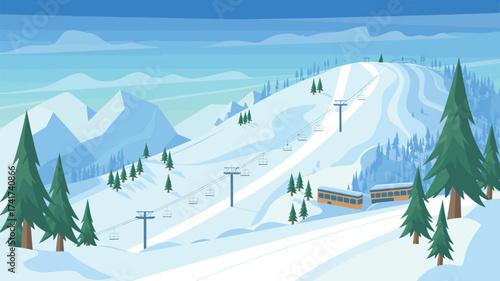 Ski Resort with Multiple Ski Lifts and Slopes Surrounded by Pine Trees and Mountains cable car ski run