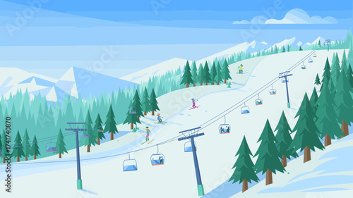 Ski Resort with Skiers on Slope and Chairlifts in Snowy Mountains skiing ski slope