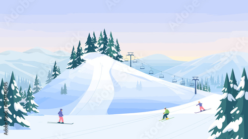 Skiers on a Gentle Snow Slope with Pine Trees and Distant Mountains skiing ski slope