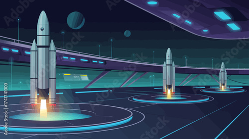 Space Station Launch Bay With Rockets Ready For Takeoff spaceship launchpad