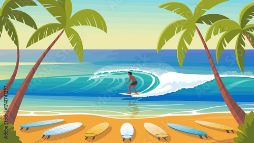 Surfer Riding a Wave with Palm Trees and Surfboards on a Tropical Beach surfing ocean