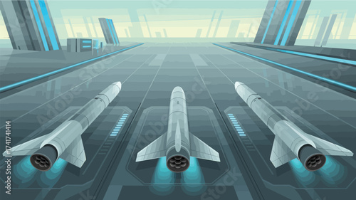 Three Rockets Lined Up on a Futuristic Launch Pad with Glowing Blue Lights pixel art spaceship