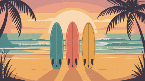 Three surfboards standing on a sandy beach with palm trees and a sunset over the ocean Keywords: surfboard, surfboards, beach, ocean, sea, water, waves, sand, sandy, palm trees, tropical, vacation