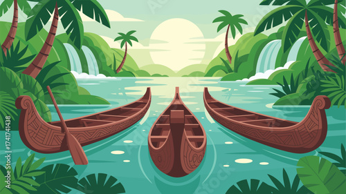 Three wooden canoes on a tranquil river with waterfalls and palm trees in a stylized landscape tropical