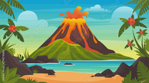 Tropical Beach with Active Volcano Eruption and Palm Trees Under a Sunset Sky lava island