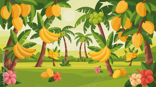 Tropical Orchard with Abundant Bananas Mangoes and Hibiscus Flowers tropical fruit orchard banana trees