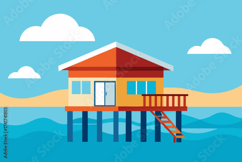Colorful stilt house on the water with clouds and beach background