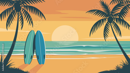 Two surfboards leaning against each other on a beach at sunset with palm trees Keywords: surfboard, surfboards, beach, ocean, sea, water, waves, sand, sandy, palm trees, tropical, vacation, summer