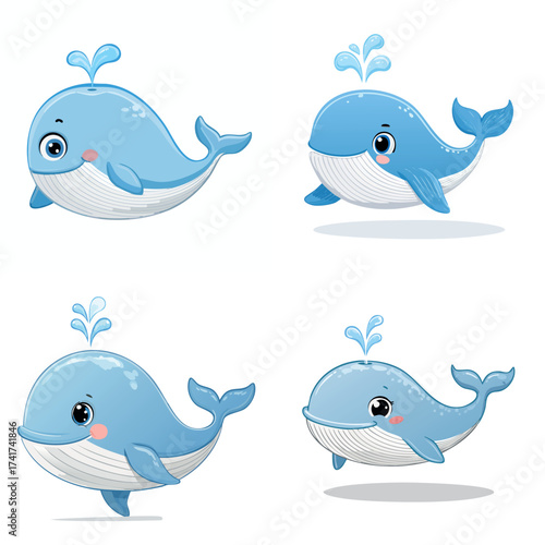 Four Adorable Cartoon Whales Spouting Water.