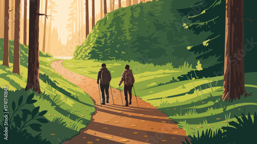 Two hikers with backpacks and trekking poles walk on a winding dirt path through a sun-dappled forest with tall trees and lush green foliage