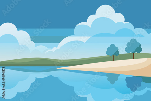 Peaceful landscape with calm lake and fluffy clouds reflected in water