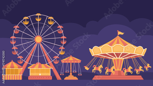 Vibrant amusement park at dusk featuring a large Ferris wheel and a swing carousel with horses Keywords: amusement park, carnival, fair, dusk, Ferris wheel, swing carousel, horses, rides