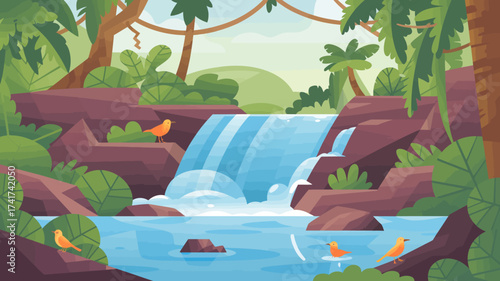 Vibrant Jungle Waterfall with Orange Birds and Lush Greenery nature tropical