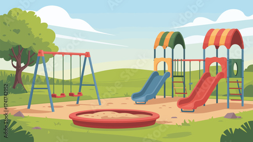 Vibrant cartoon playground with swings slides and sandbox on a sunny day Keywords: playground, park, swings, slide, sandbox, children, kids, outdoor, recreation, play, fun, summer, sunny, day