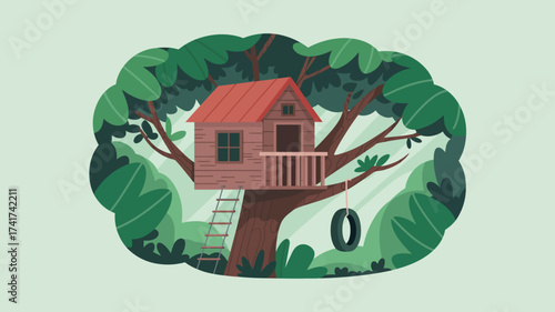 Whimsical Treehouse with a Tire Swing Nestled in a Vibrant Green Forest illustration cozy