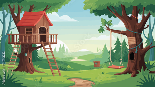 Whimsical Treehouse with Swing and Ladder in a Lush Forest Landscape woods nature