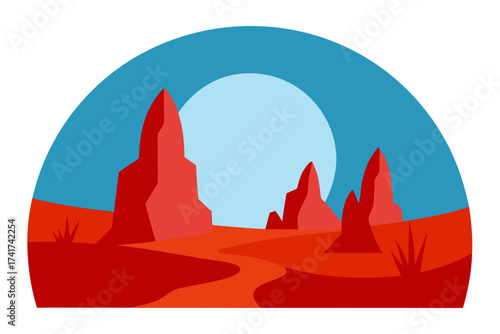 Stylized desert landscape with red rock formations and a large sun