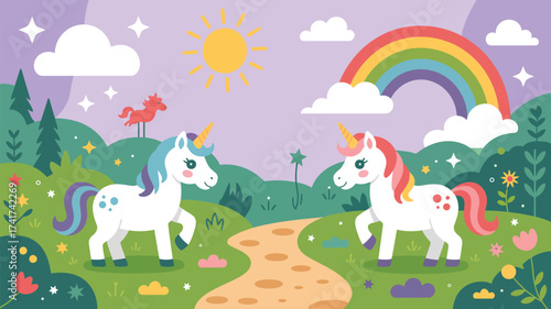 Whimsical Unicorns Frolic in a Magical Rainbow Landscape with Sun and Clouds Keywords: unicorn, unicorns, magical, fantasy, rainbow, sun, clouds, sky, landscape, nature, whimsical, cute, mythical