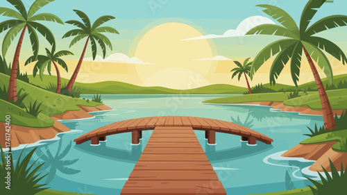 Wooden Pier Extending into a Tropical Lake at Sunset Keywords: wooden, pier, dock, jetty, tropical, lake, water, ocean, sea, beach, palm trees, coconuts, sunset, sunrise, sun, sky, clouds, horizon