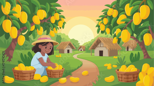 Young girl harvesting ripe mangoes in a tropical village at sunset fruit child