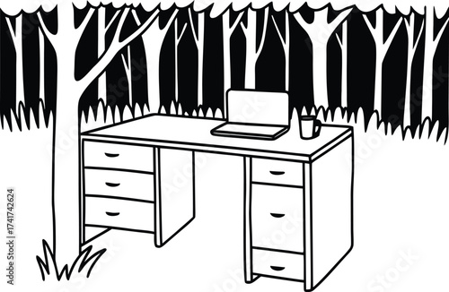Surreal Office Desk Growing From Tree Line Vector