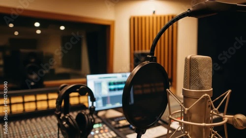 professional recording studio setup with silver condenser microphone pop filter mixing console headphones and computer displaying audio software The acoustically treated room has warm lighting